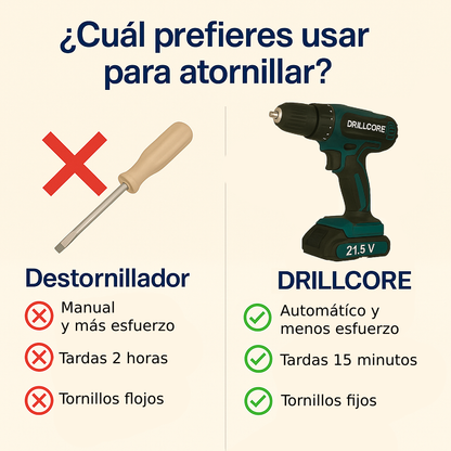 DrillCore 2x™ - El primer taladro inalámbrico con autonomía para taladrar un estadio entero. Incluye 2 baterías y maletín con complementos. (+Envío GRATIS).
