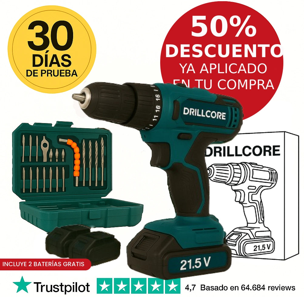 DrillCore 2x™ - El primer taladro inalámbrico con autonomía para taladrar un estadio entero. Incluye 2 baterías y maletín con complementos. (+Envío GRATIS).