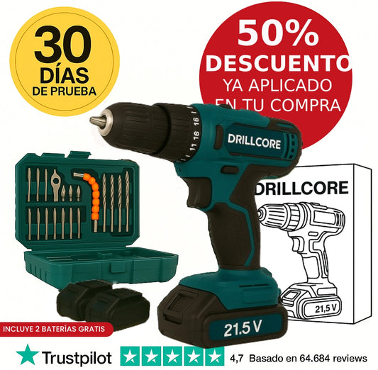 DrillCore 2x™ - El primer taladro inalámbrico con autonomía para taladrar un estadio entero. Incluye 2 baterías y maletín con complementos. (+Envío GRATIS).